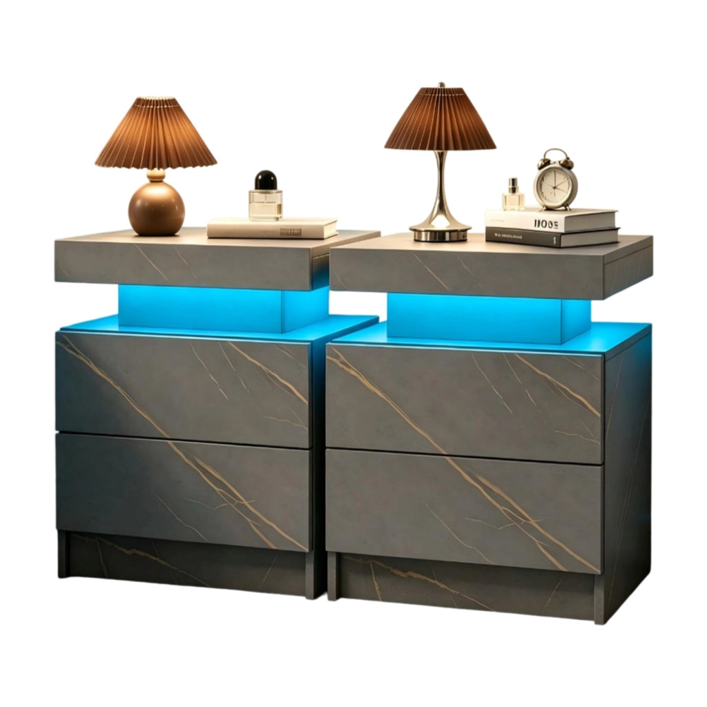 Comodino con LED multicolore regolabile; 2 cassetti e vano aperto; grigio e oro