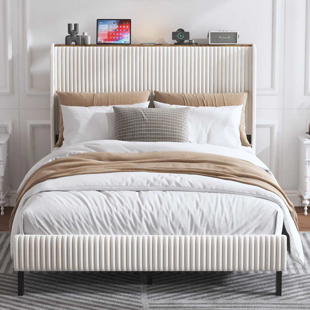 Letto imbottito 140x200 cm in velluto a coste beige