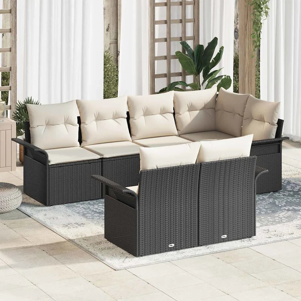 Set Divano da Giardino con cuscino 7 pcs Nero Poly Rattan