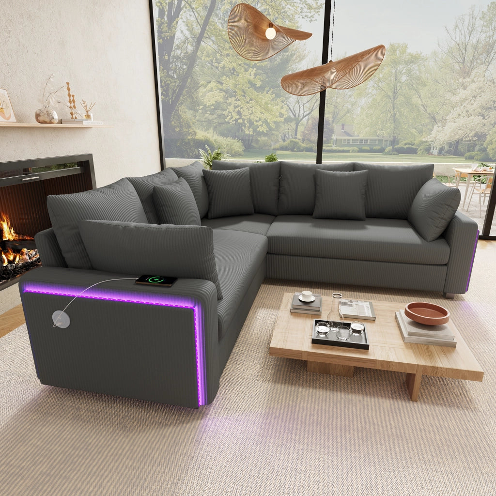 Divano angolare con LED, USB e USB-C, cuscini removibili in velluto a coste grigio, 198 × 198 × 83 cm