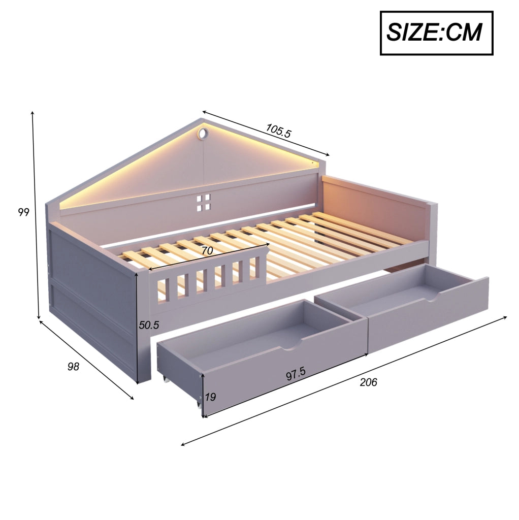 Letto singolo 90x200 cm con 2 cassetti e barra LED grigio HOMVRA