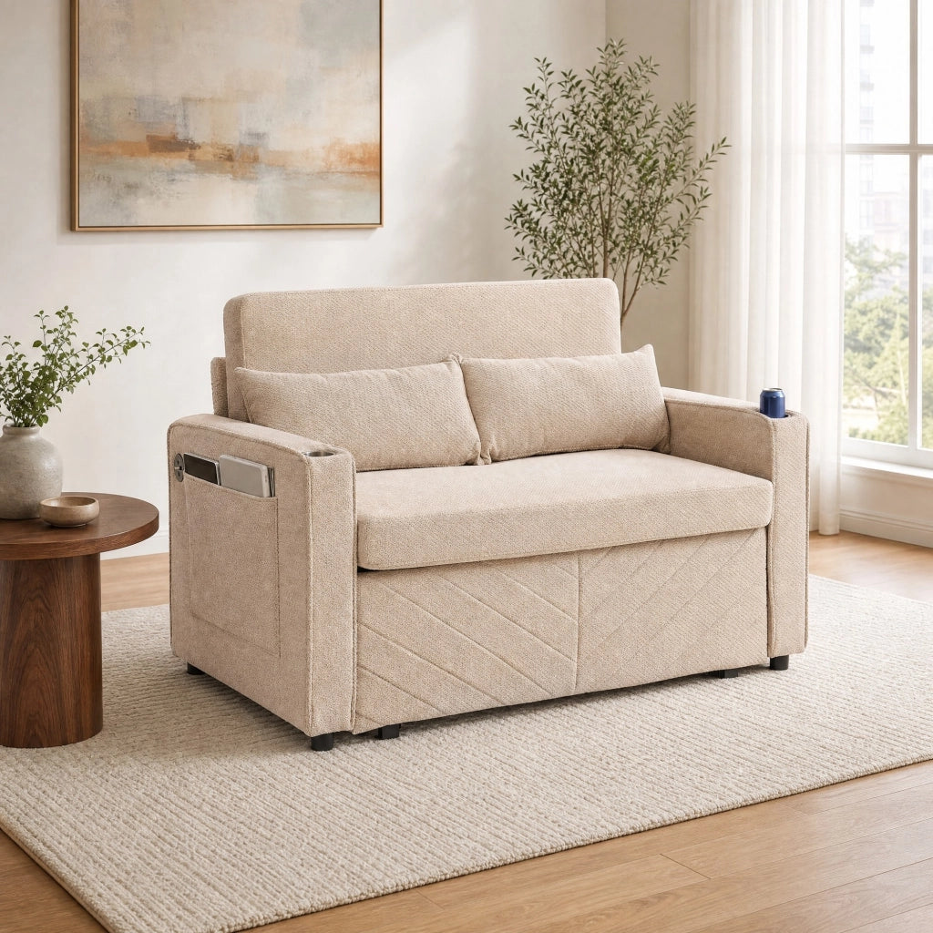 Divano letto 195x134x73 cm trasformabile con porte USB in legno e tessuto beige