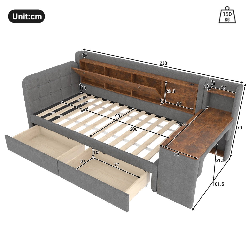 LETTO Giorno 90x200 cm Grigio in lino con scrivania, 2 cassetti e USB Tipo C