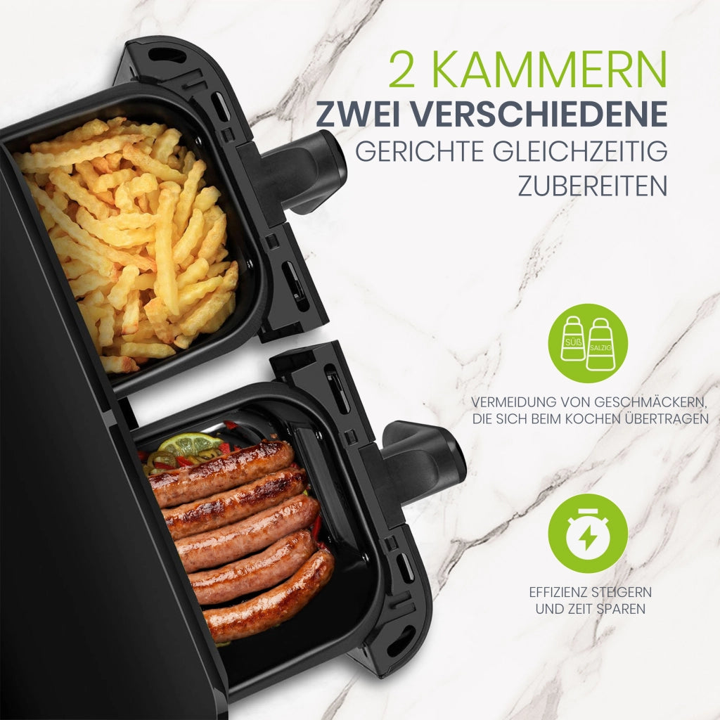 Friggitrice ad aria 10 l a doppio cestello indipendente 2400 W con display LED touch e 8 programmi colore nero