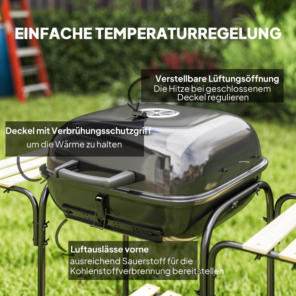 Barbecue a Carbone con Coperchio e Ruote ¨C Xylo ¨C Acciaio Nero 98x54x91 cm