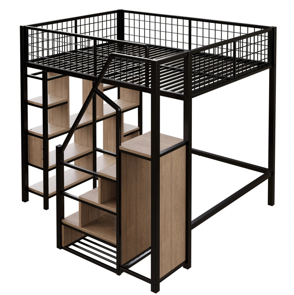 Letto a soppalco 140x200 cm con scala contenitore, in metallo, compensato e MDF nero