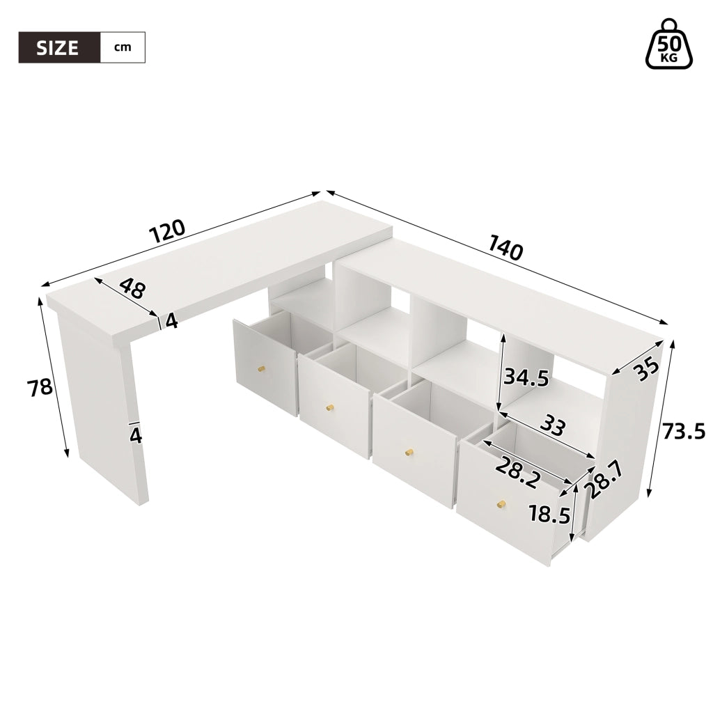 Scrivania angolare girevole a 360° con 4 cassetti e 4 vani contenitore, per ufficio e cameretta, in MDF bianco