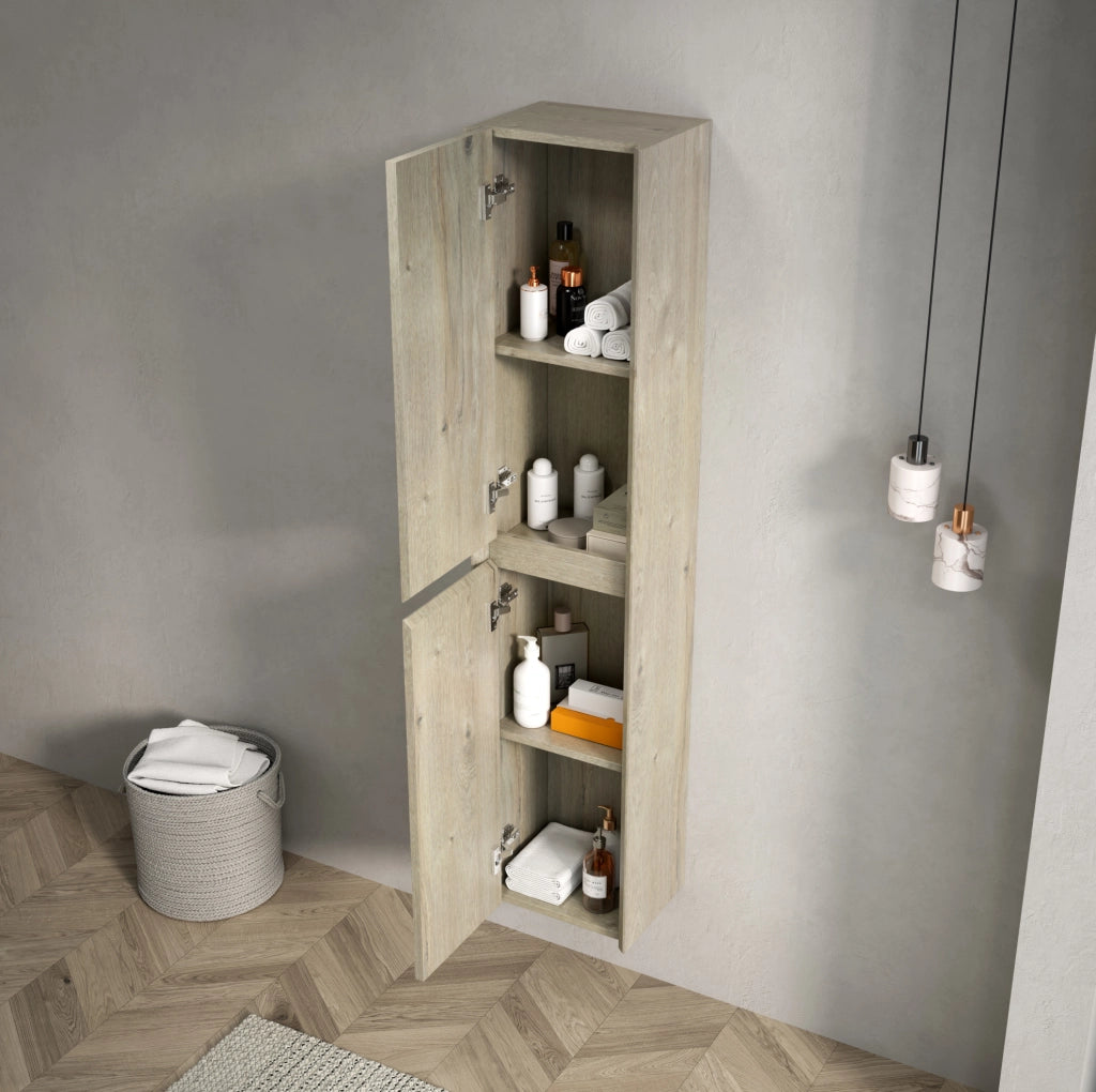 Mobiletto da bagno alto 140 cm con 2 ante, armadietto sottile in legno impiallacciato color crema effetto quercia per spazi piccoli