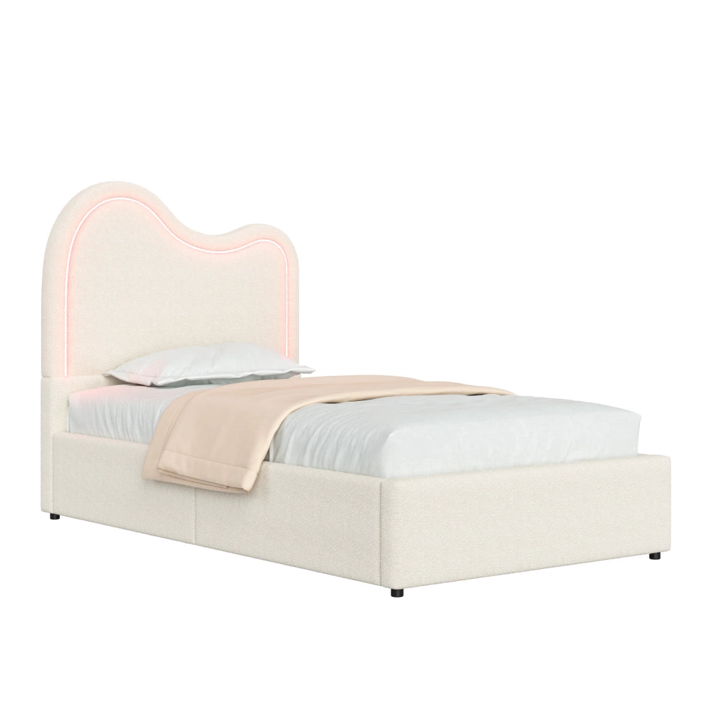Letto singolo per bambini 90 ¡Á 200 cm con vano contenitore idraulico rete a doghe testiera boucl¨¦ bianco