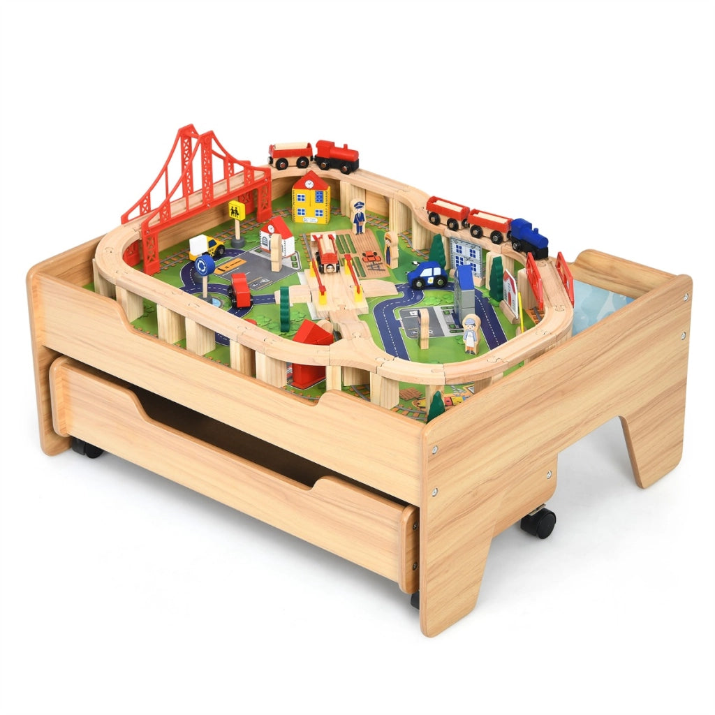 Set tavolo di legno con binari ferroviari per bambini, Tavolo attivit¨¤ con ruote bloccabili e 100 pezzi