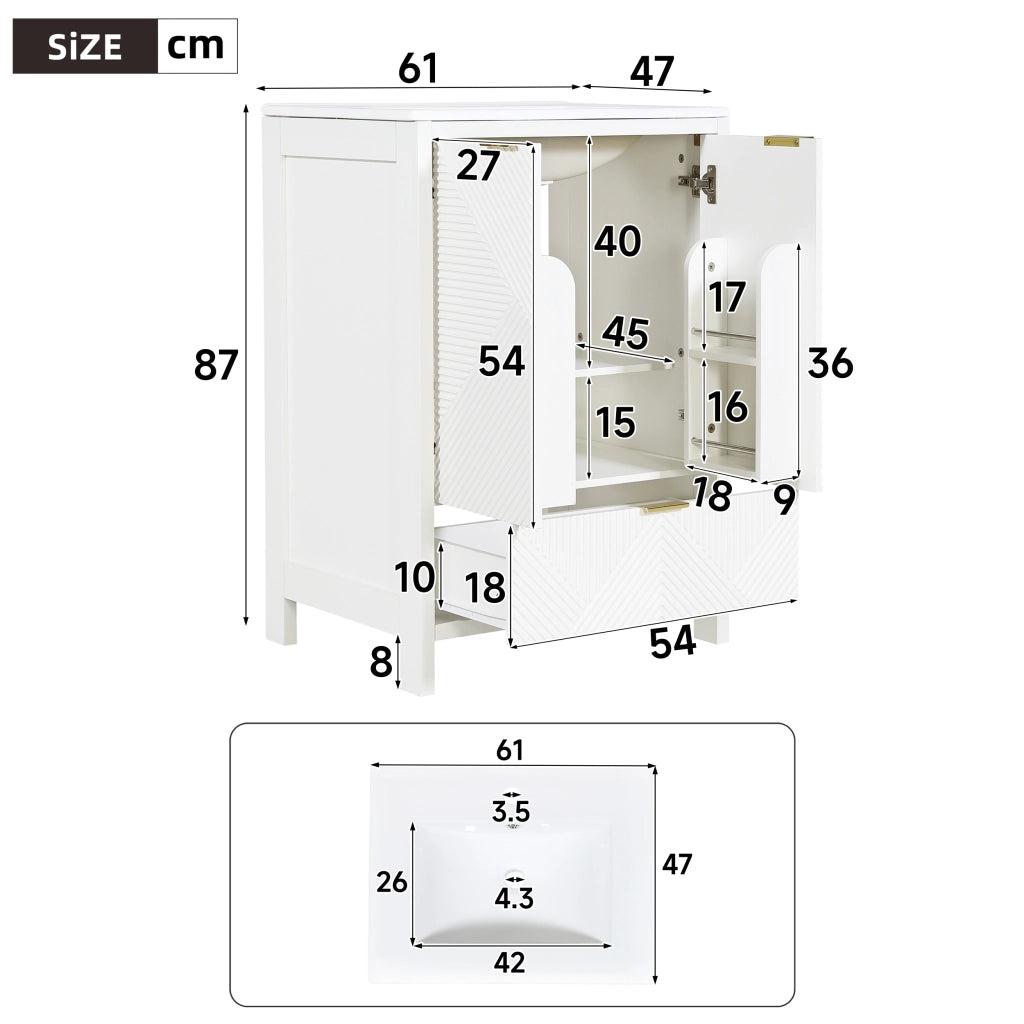 Mobile sottolavabo con lavabo in ceramica, 2 ante ammortizzate, cassetto e ripiani, per bagno, bianco, 61 × 47 × 87 cm