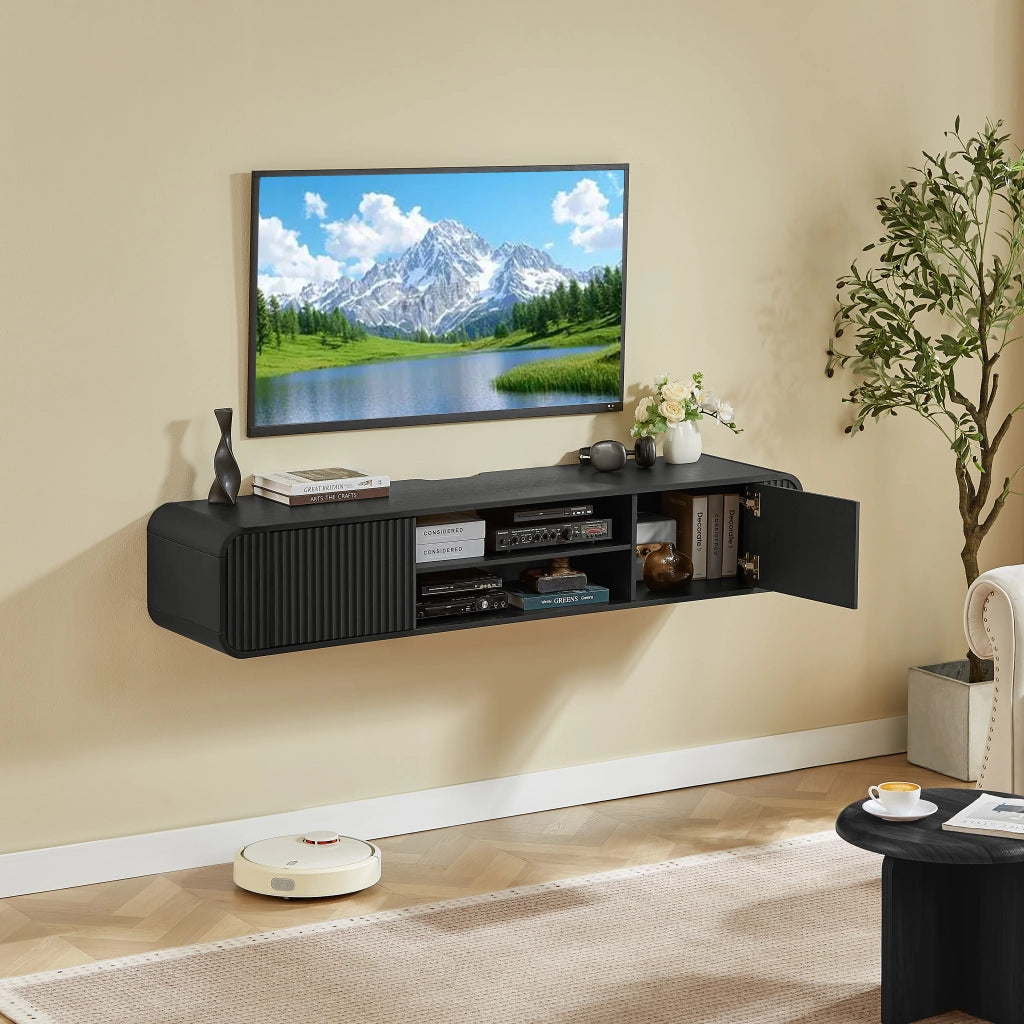Mobile TV sospeso 160x38x30 cm con vani aperti e passacavi in truciolare nero