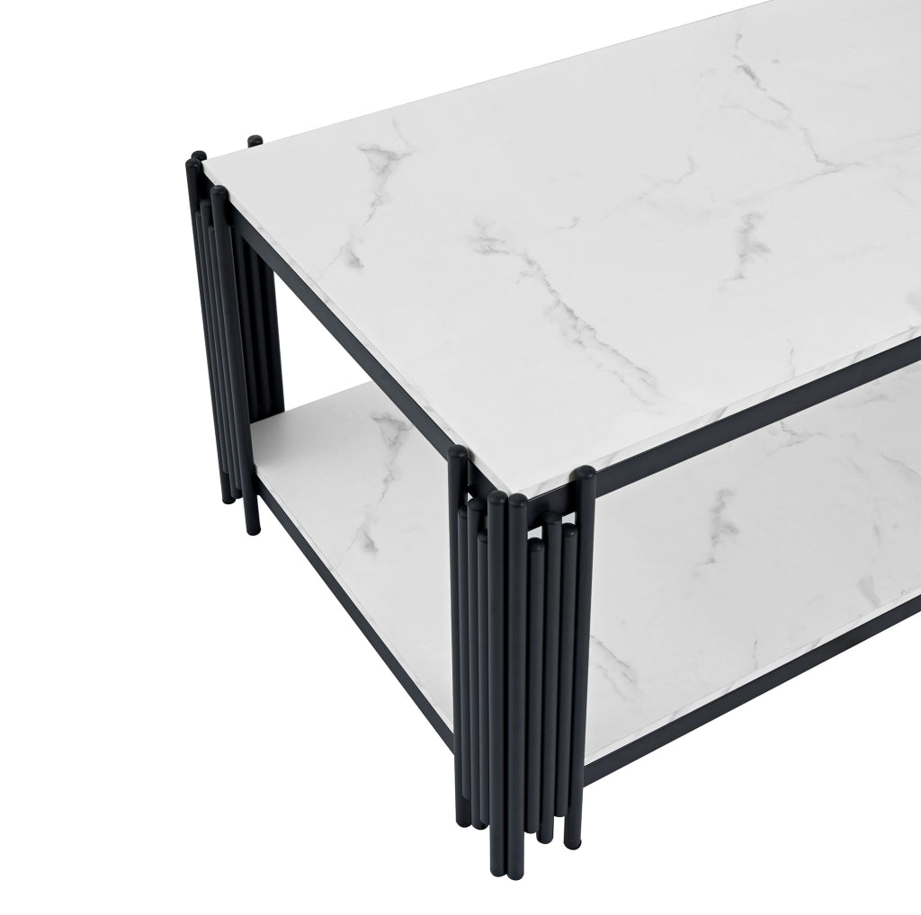 Tavolino da salotto rettangolare con 2 ripiani in MDF e metallo bianco e nero