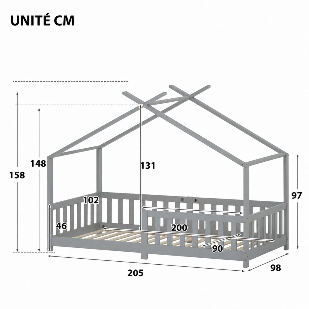 Letto per bambini a casetta 90 × 200 cm con rete a doghe in legno grigio chiaro con recinto di sicurezza
