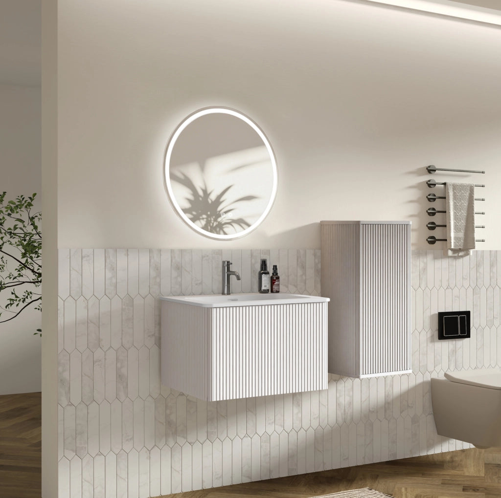 Set mobili bagno ULEVR bianco con lavabo, specchio LED regolabile antiappannamento e mobile laterale sospeso