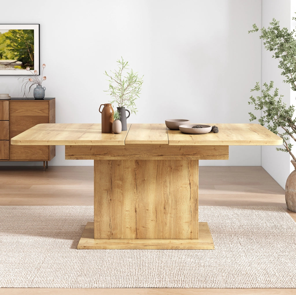 Tavolo da pranzo allungabile in pannelli truciolari e metallo, 110/130x70x75 cm, con spazio contenitivo, design rettangolare moderno color naturale