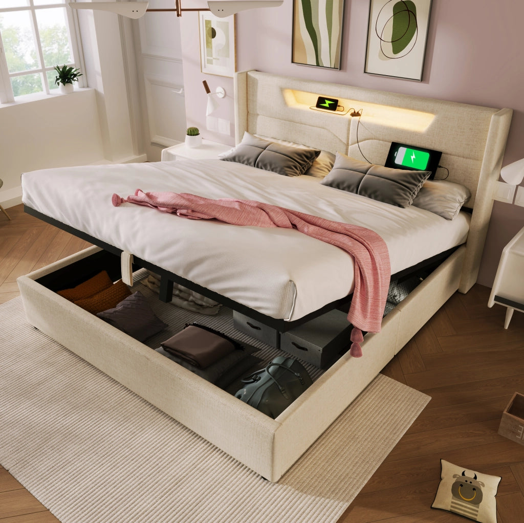 Letto matrimoniale imbottito 140x200 cm con LED; USB e Type-C; beige
