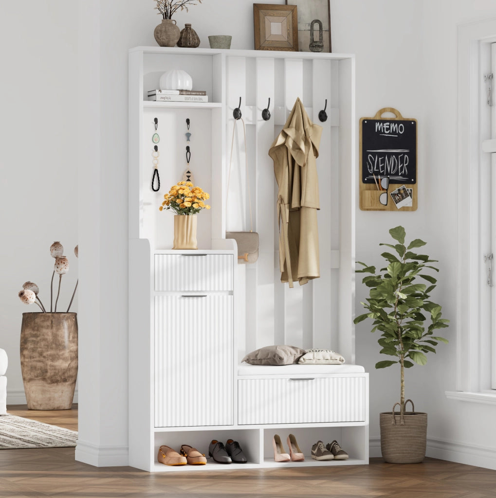 Guardaroba da ingresso 6 in 1 con panca; 8 ganci e contenitore; 100 ¡Á 30 ¡Á 180 cm; bianco