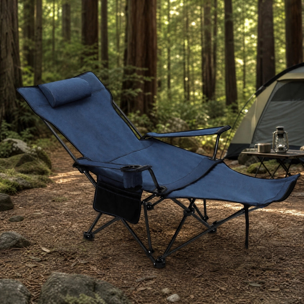 Sedia pieghevole da campeggio con poggiapiedi estraibile; 115x84x88;5 cm; blu