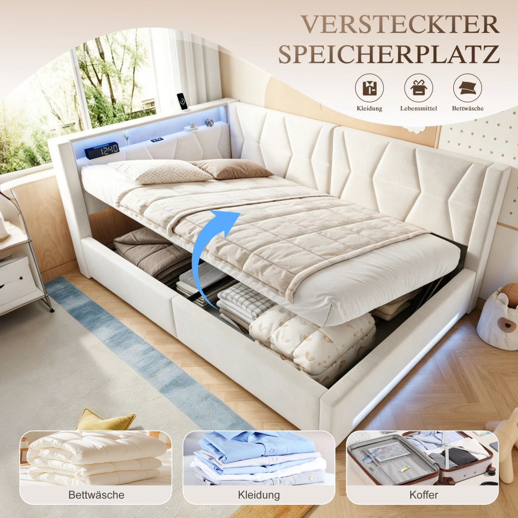 Letto contenitore matrimoniale 140 × 200 cm con vano idraulico, LED, USB e Type-C, senza materasso, beige