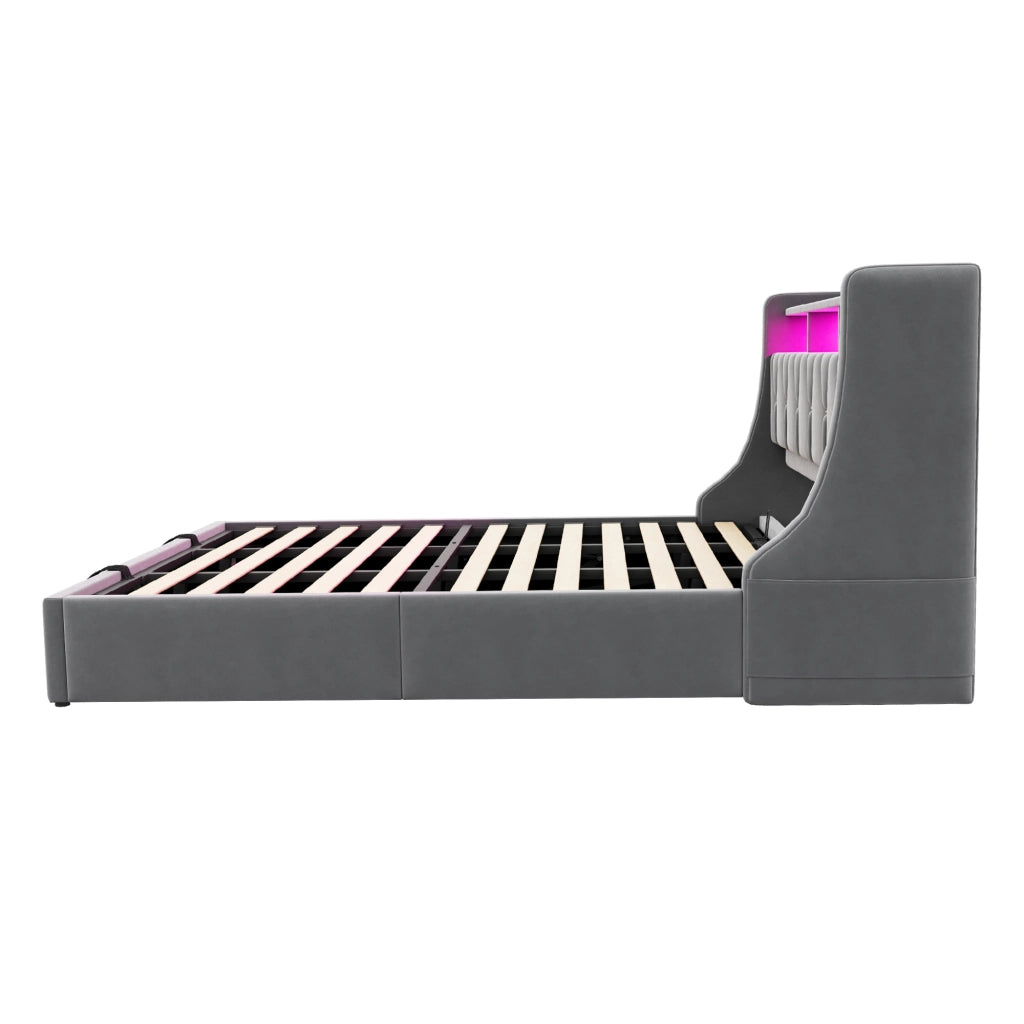 Letto contenitore 180 × 200 cm matrimoniale con prese; USB; Type-C; LED e mensole; senza materasso; velluto grigio