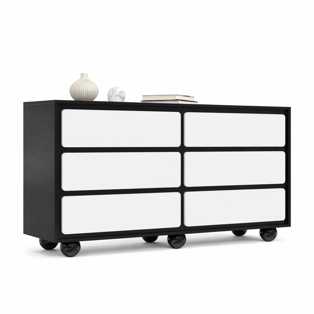 Cassettiera moderna bianca e nera con 6 cassetti, 140 cm