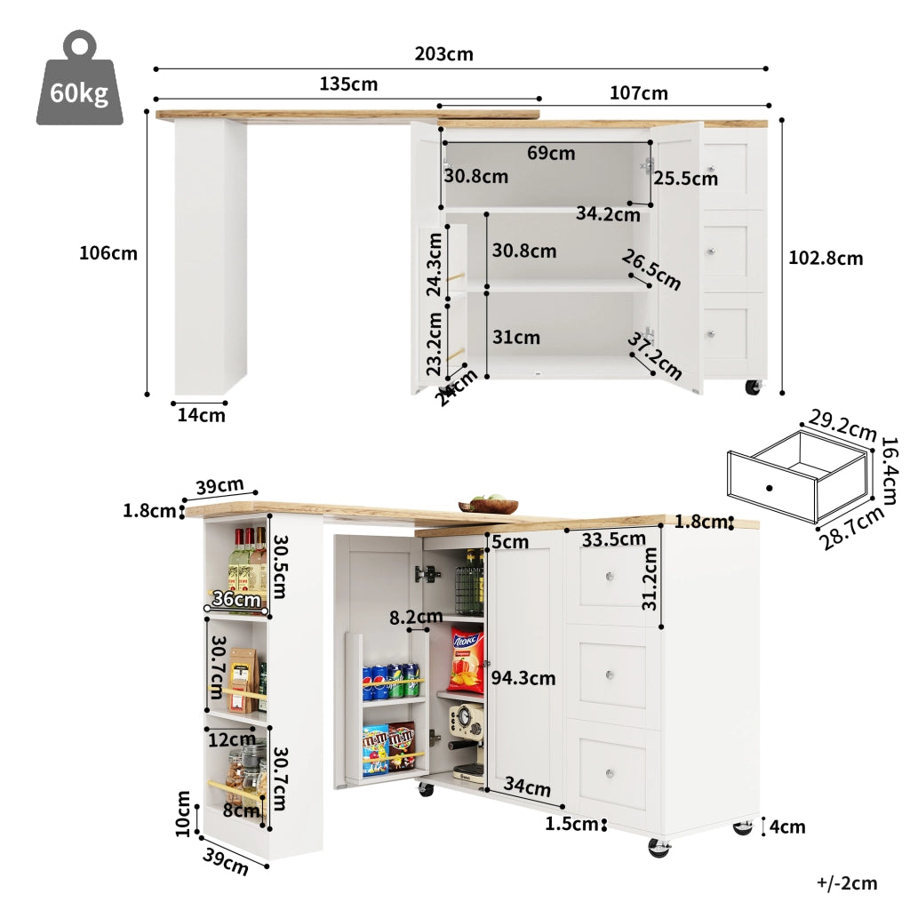Isola cucina mobile bianca 140 x 40 x 93;5 cm con piano pieghevole in MDF effetto legno