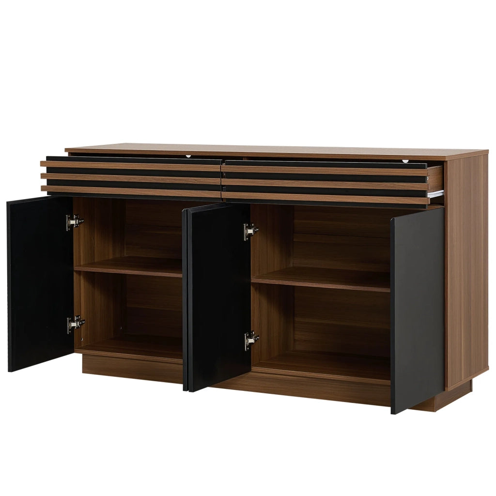 Sideboard moderno 150x40x85 cm, finitura legno marrone con ante nere, 2 cassetti e 4 ante. Ampio spazio contenitore per soggiorno, sala da pranzo e cucina