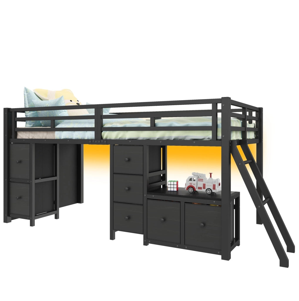 Letto a soppalco basso 90x200 cm con 7 cassetti, LED in MDF e metallo nero