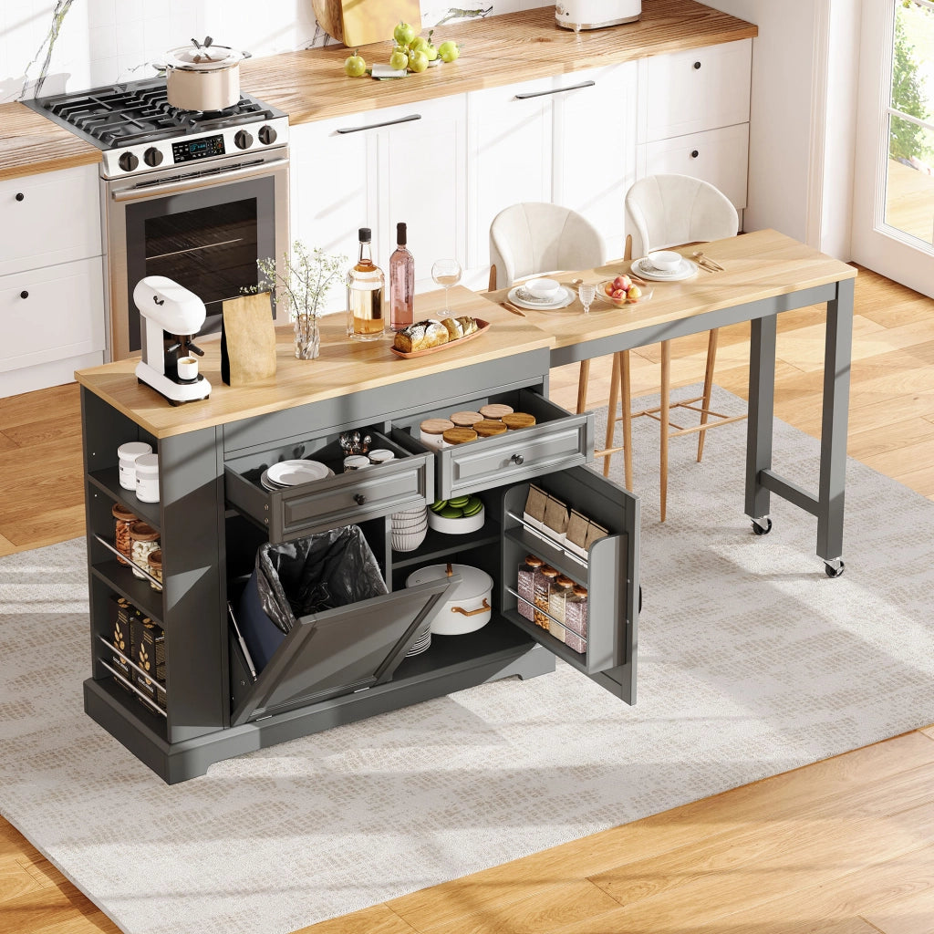 Isola da cucina su ruote con piano estraibile laterale da 112 a 180 cm; vano pattumiera e cassetti; grigio