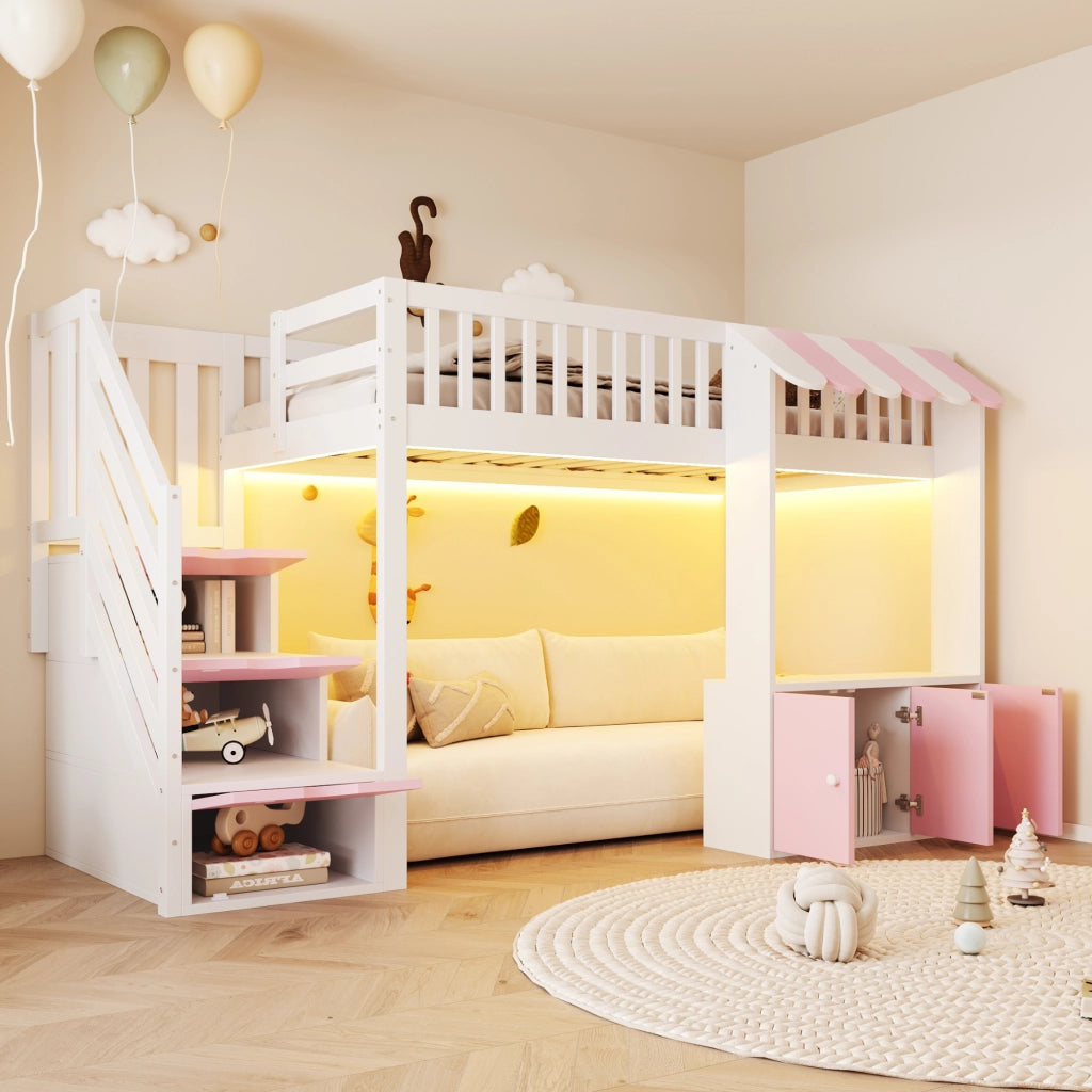 Letto a soppalco singolo 90 × 200 cm con scala contenitore in legno rosa e bianco con luci multicolore