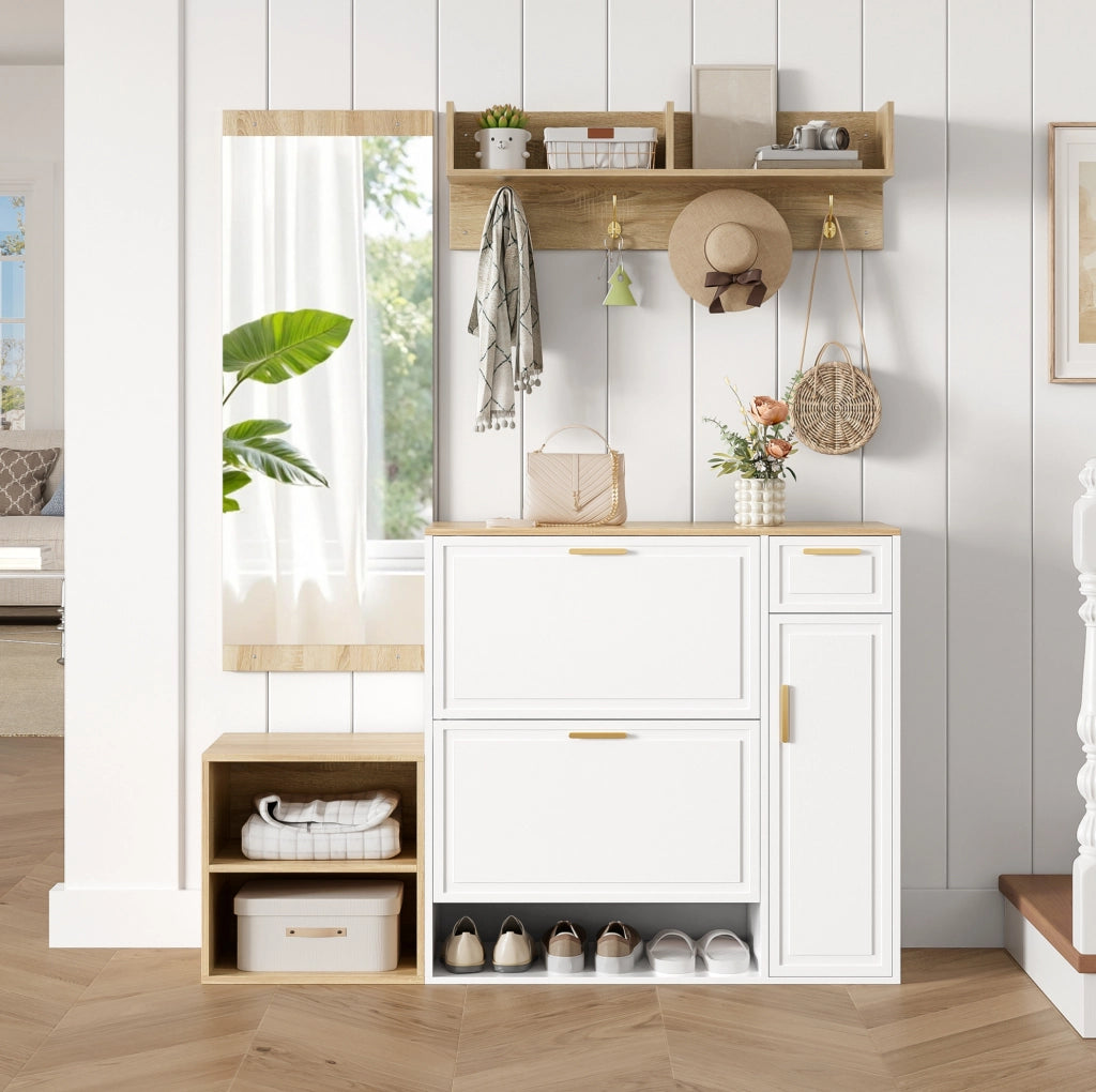 Set mobili ingresso 4 pezzi con scarpiera, panca, appendiabiti e specchio 139,5x35x166 cm HAVRYA