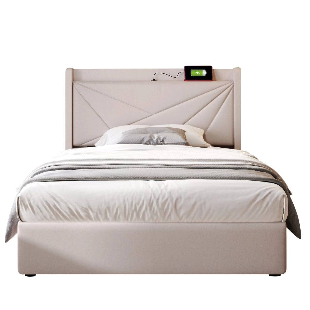 Letto singolo 90x200 con contenitore, testiera con USB e USB-C