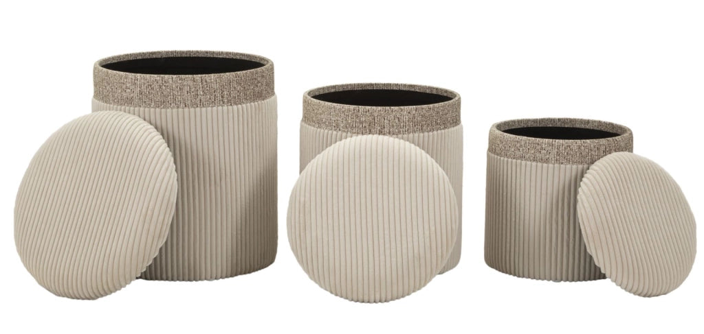 Puff con Contenitore Cortina Crema Set 3 Pz Ø40,5x49,5 cm - Ø35x42 cm - Ø31x38 cm in MDF e Spugna e Poliestere Crema