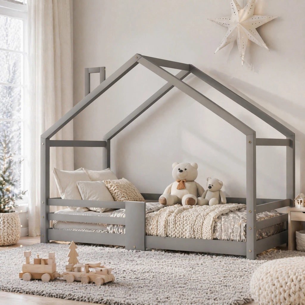 Letto a casetta 90 × 200 cm con protezione anticaduta e 15 doghe in legno grigio senza materasso