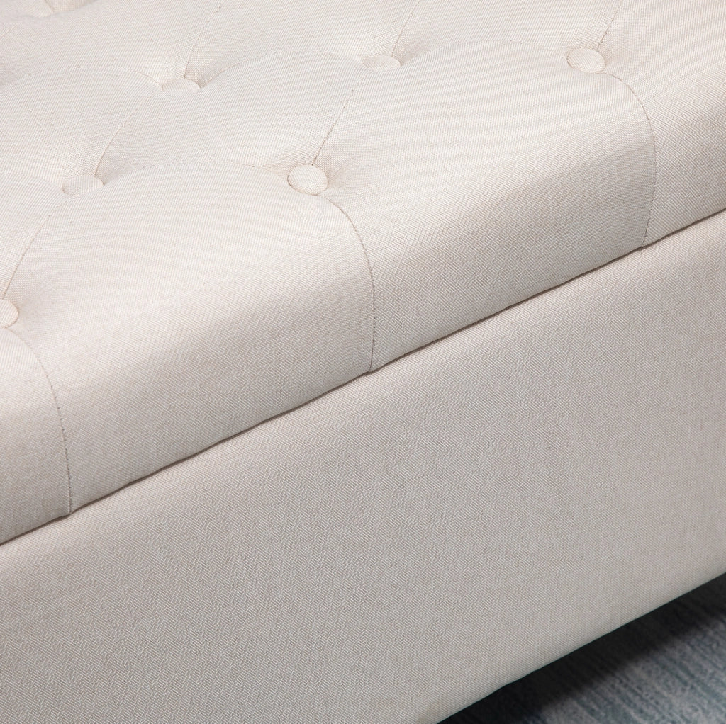 Panca contenitore imbottita in poliestere effetto lino crema 100x40x44 cm con gambe in legno di caucciù
