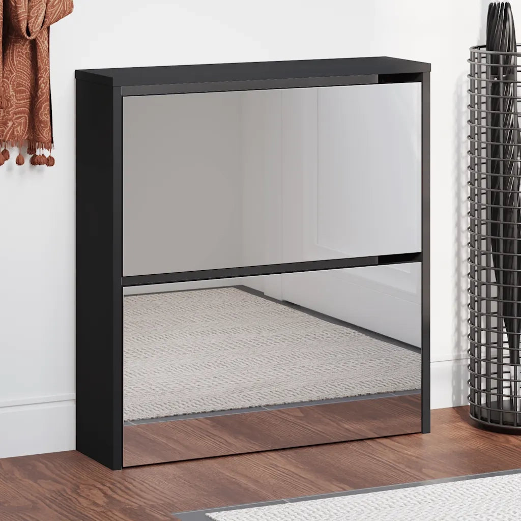 Scarpiera con Specchio a 2 Livelli-Mobile con specchio Nera 63x17x67 cm