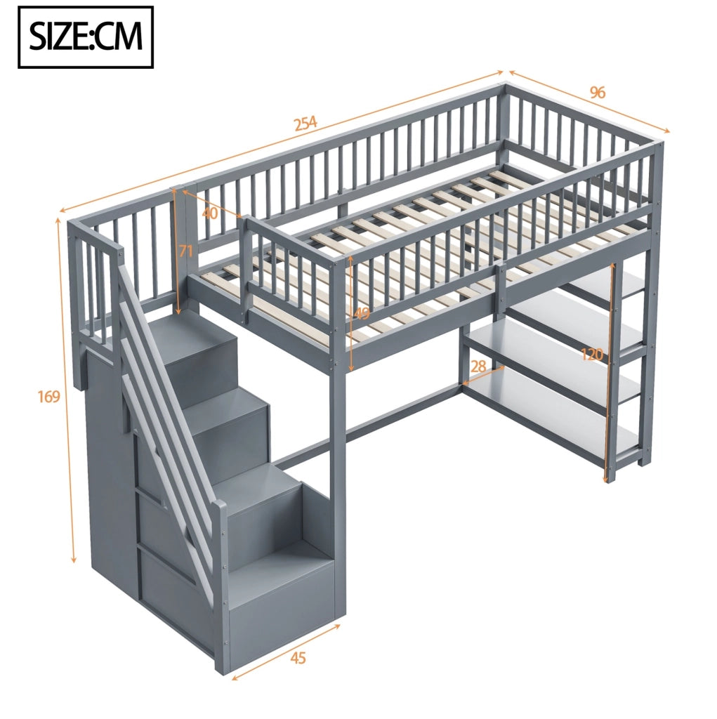 Letto a soppalco 90x200 cm con armadio, ripiani e vani in pino, compensato e MDF grigio