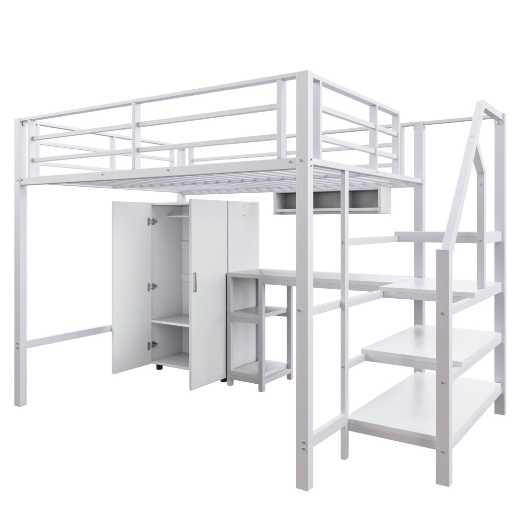 Letto a soppalco 140x200 cm con scrivania, armadio e scaffali in metallo e MDF bianco