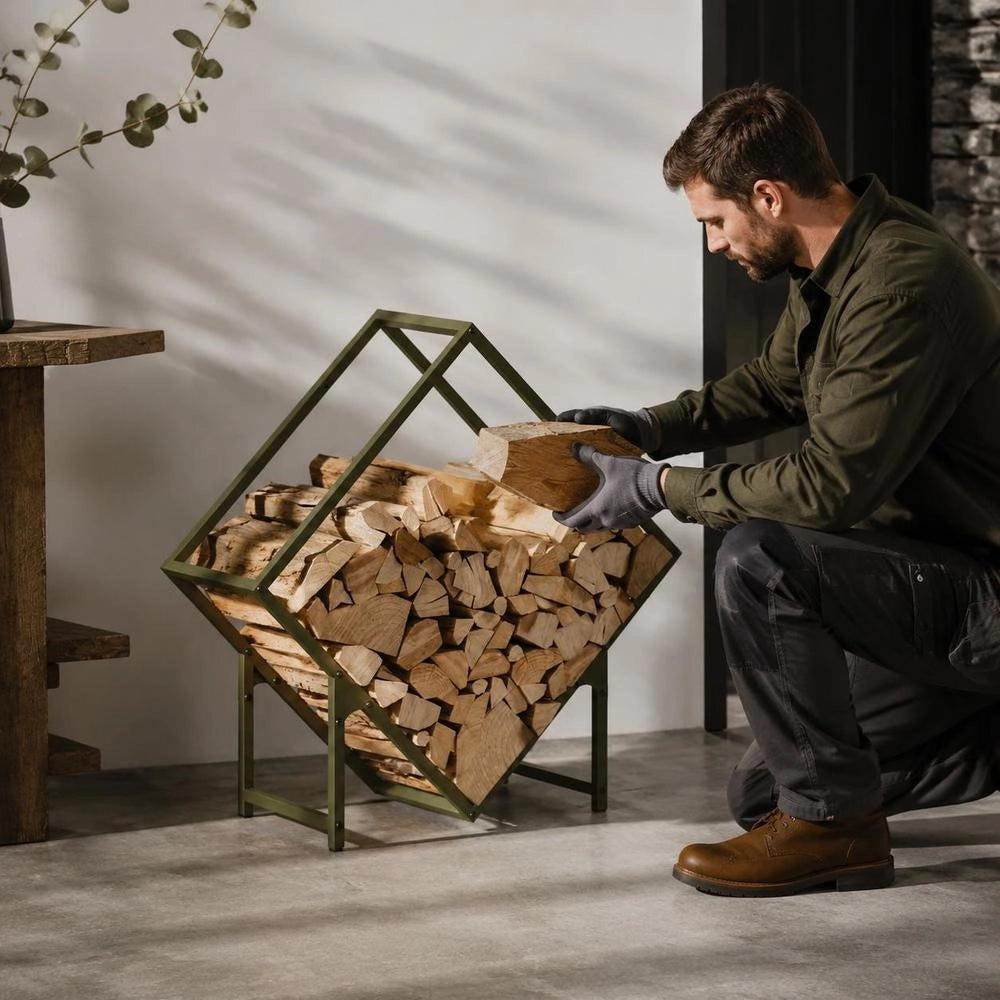 Porta legna verde oliva, 60x25x60 cm, in acciaio laminato a freddo – robusto e resistente, ideale per esterni, giardino e camino, pratico e durevole