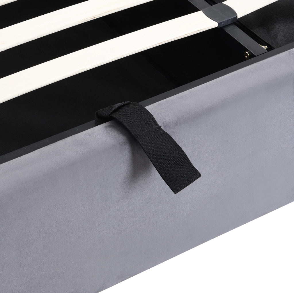 Letto imbottito grigio in velluto 160x200 con contenitore, 3 cassetti e rete a doghe, senza materasso