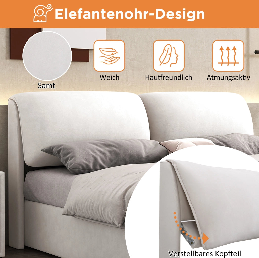 Letto imbottito 140x200 cm con contenitore idraulico; 3 cassetti; rete a doghe e testiera regolabile in velluto beige