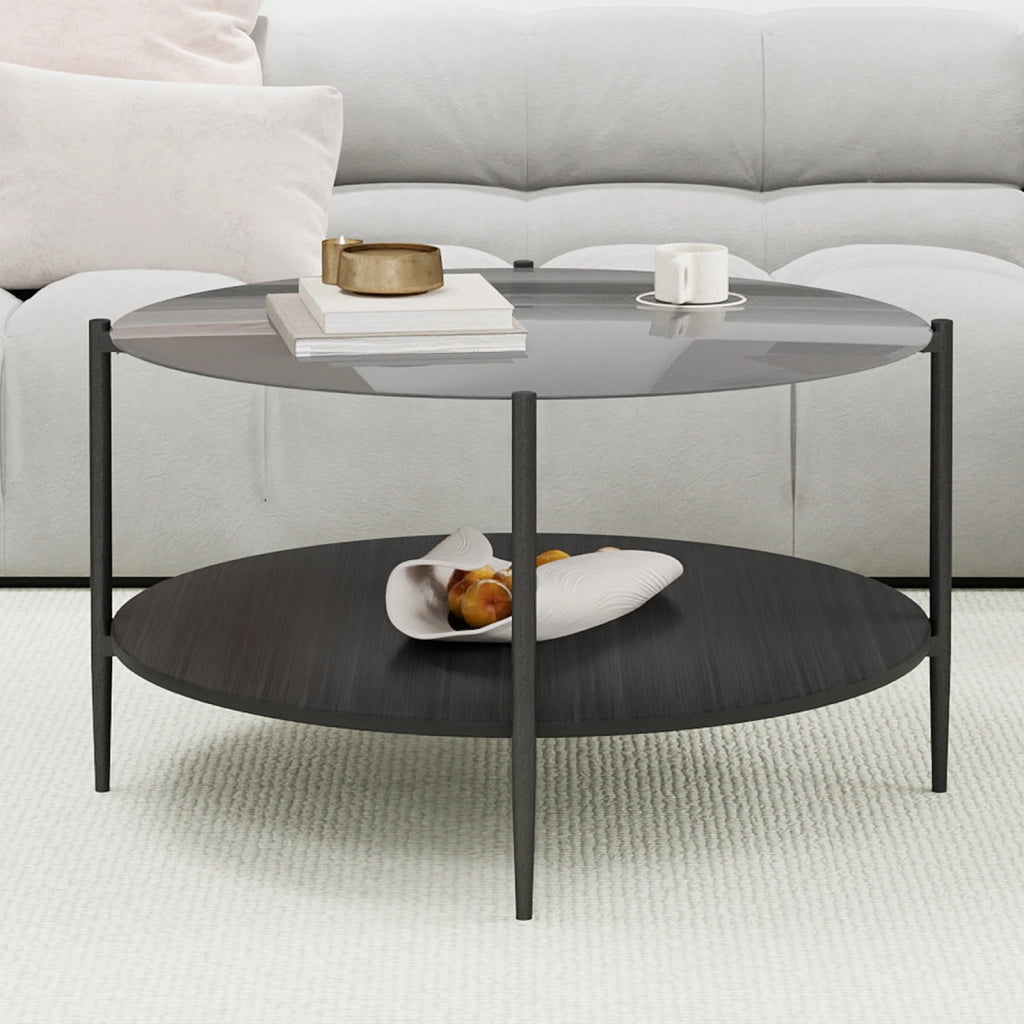 Tavolino basso fisso rotondo a due ripiani in vetro temprato legno e ferro nero diametro 82 cm altezza 45 cm