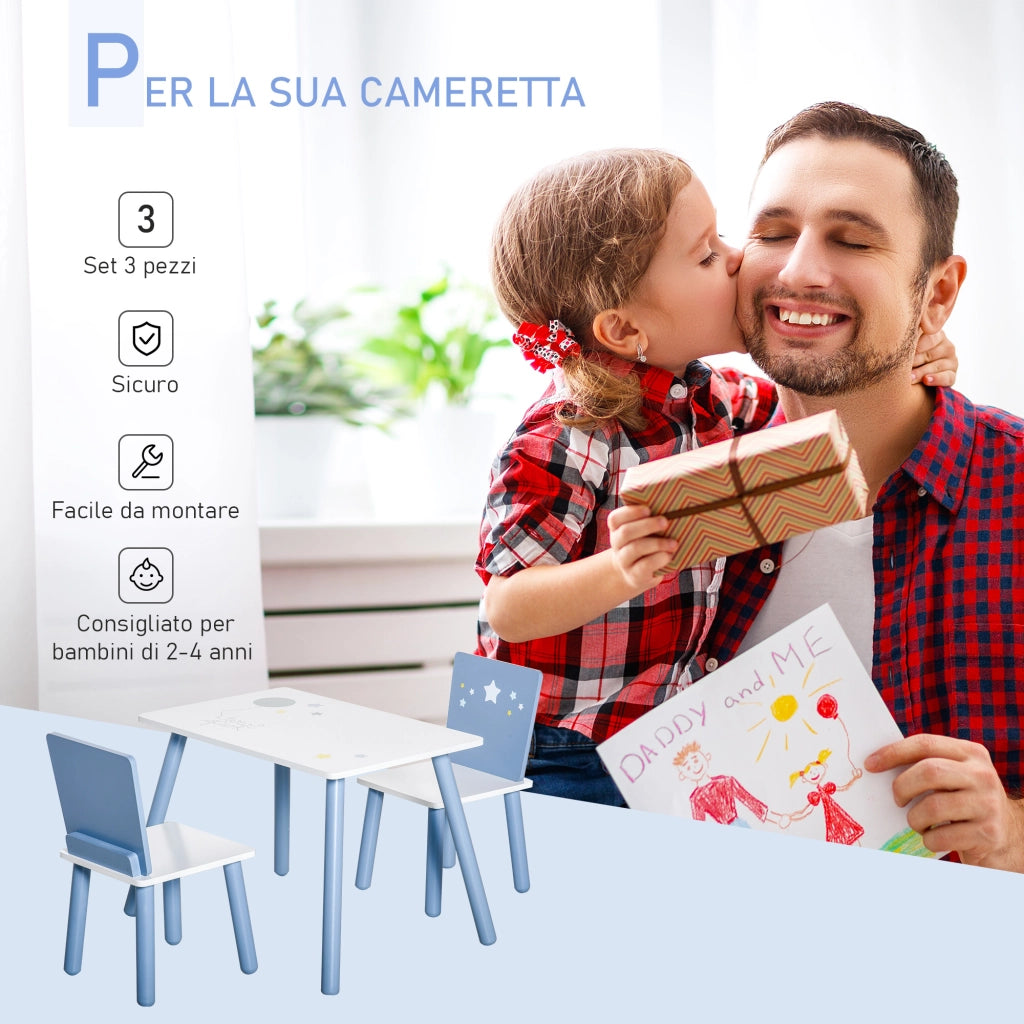 Tavolo Bambini con Sedie ¨C zephmum ¨C Legno Azzurro e Bianco