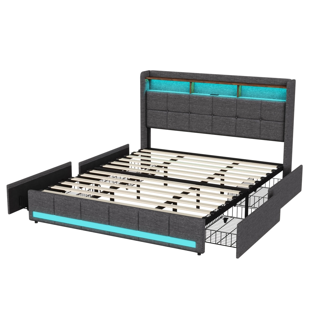 Letto matrimoniale 140x190 cm tessuto grigio, testiera contenitore con ricarica USB e USB-C, LED RGB APP telecomando, 4 cassetti estraibili