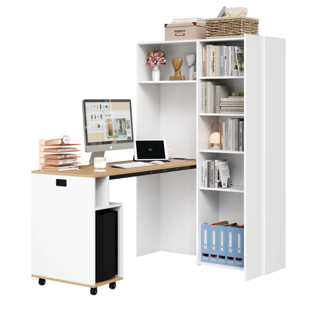 Scrivania pieghevole 2 in 1 con libreria e prese USB