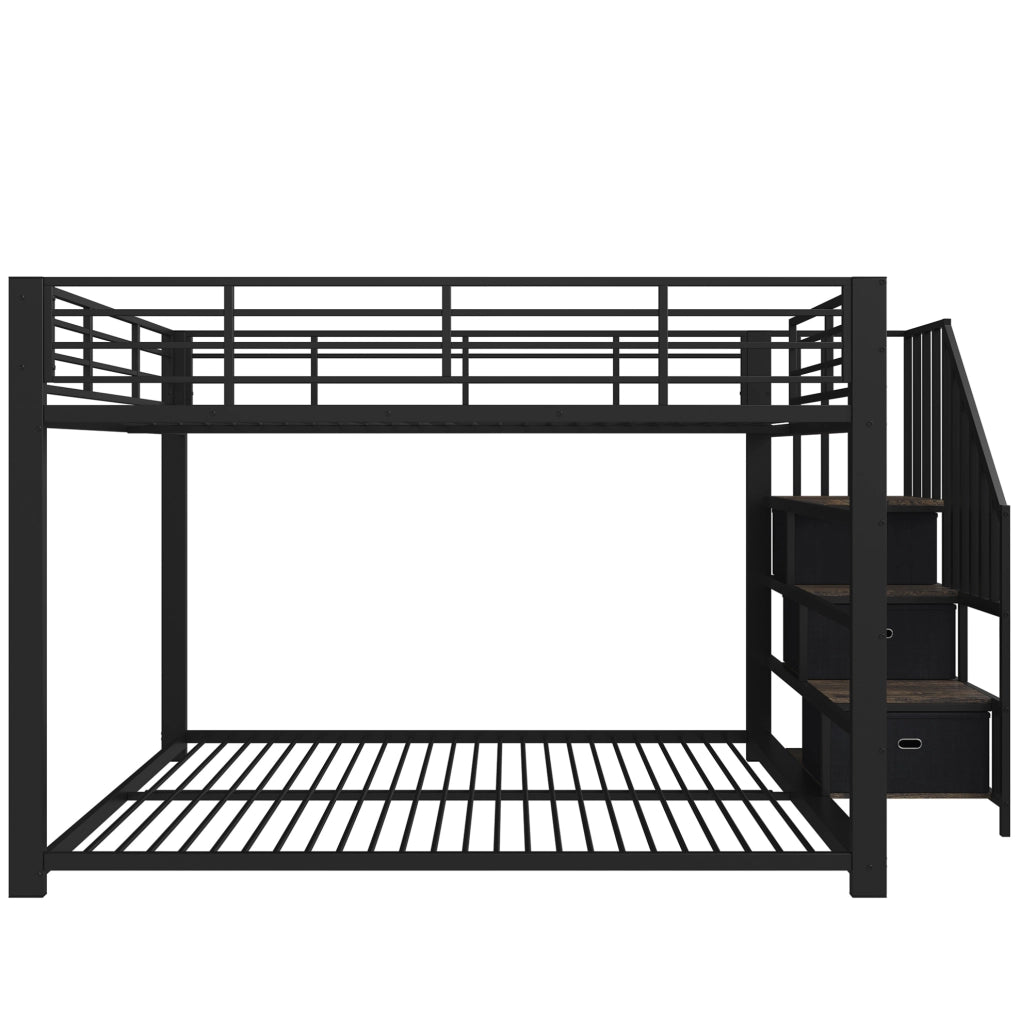 Letto a castello in metallo 140x200 cm con scala reversibile, contenitori, illuminazione LED e prese USB, colore nero