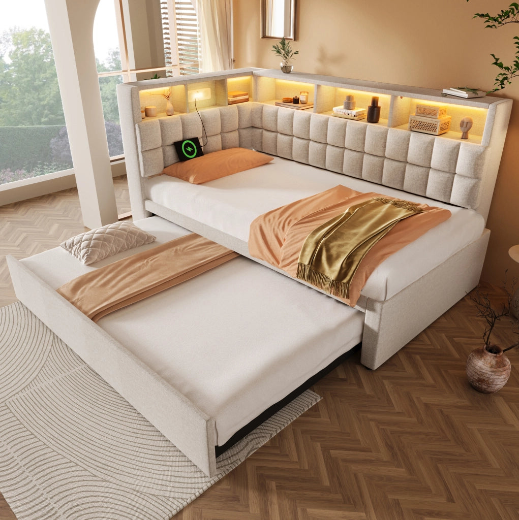 Letto singolo imbottito beige 90x200 con estraibile, LED, Bluetooth e USB-C