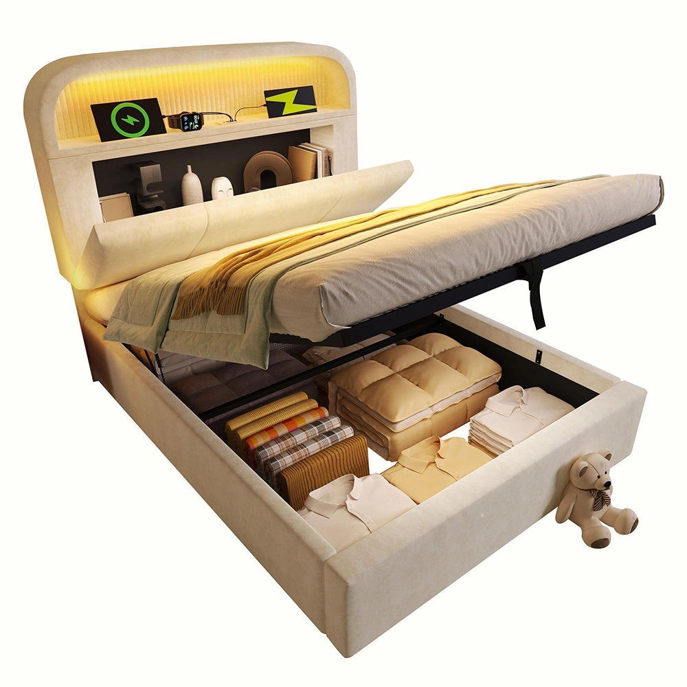 Letto Singolo Idraulico 90x200cm - Xylo - Testiera Regolabile LED con USB, Velluto Beige