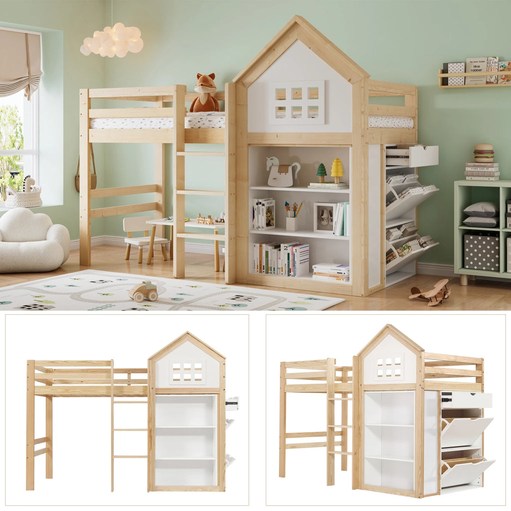 Letto a soppalco per bambini 90x200 cm a casetta; pino e MDF; bianco e legno naturale; cassetti e protezioni